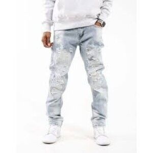 Preme Mens Distressed Light Wash Denim Jeans Size 32W 32L With Ripped Details